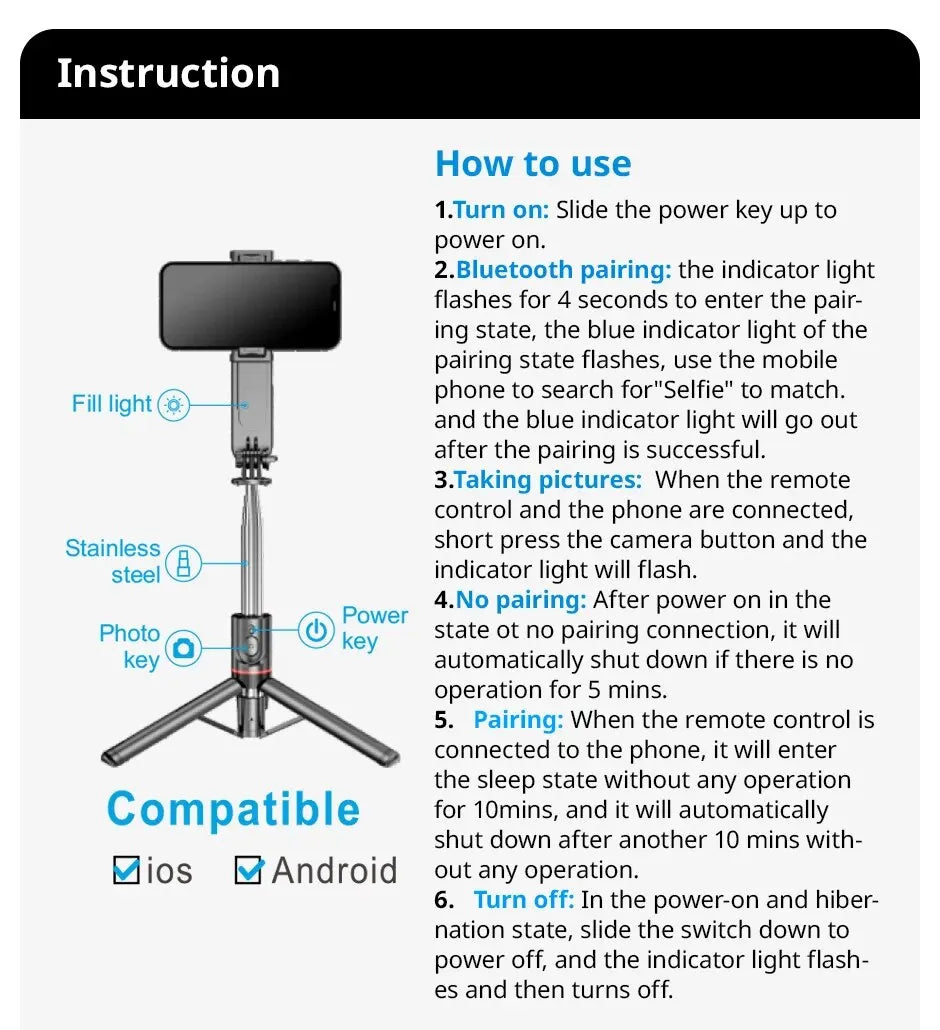 Portable Selfie Stick Phone Tripod with LED