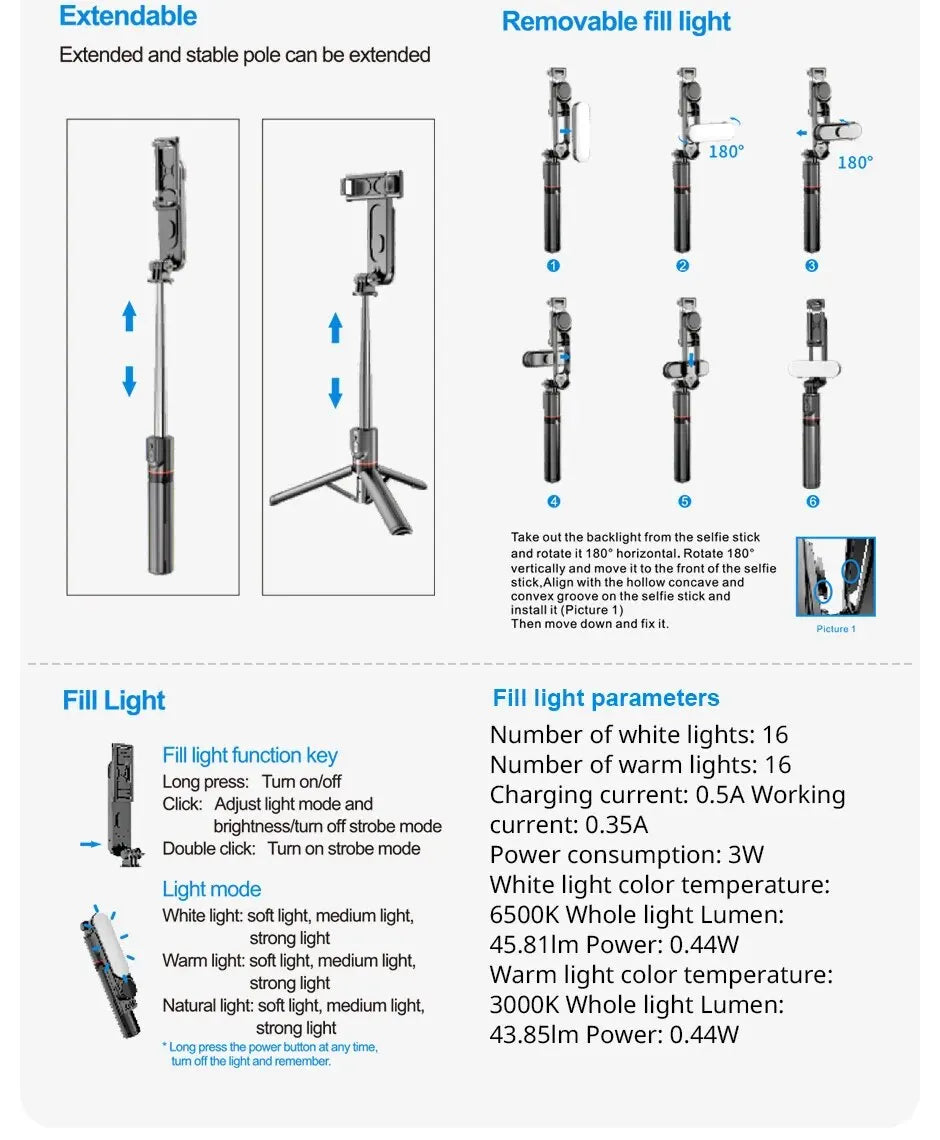 Portable Selfie Stick Phone Tripod with LED