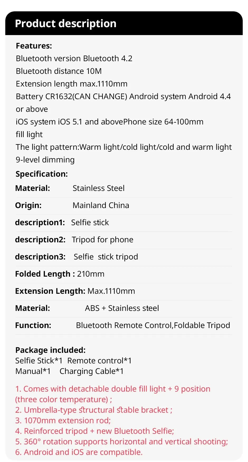 Portable Selfie Stick Phone Tripod with LED