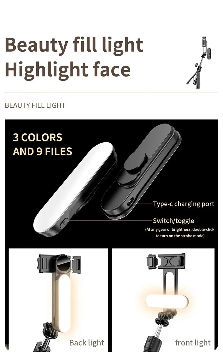 Portable Selfie Stick Phone Tripod with LED